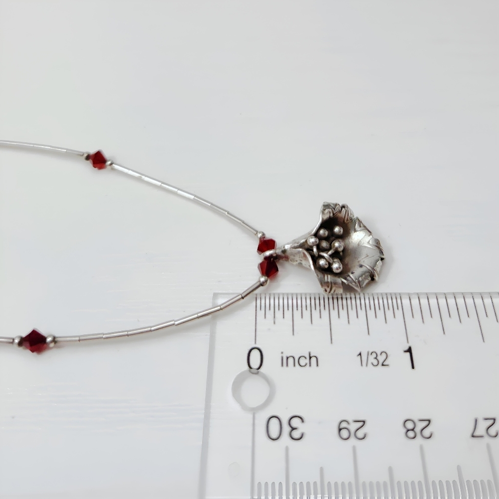 Southwestern Sterling Squash Blossom Liquid Silver Red Crystal Bead Necklace 16" - Picture 10 of 14